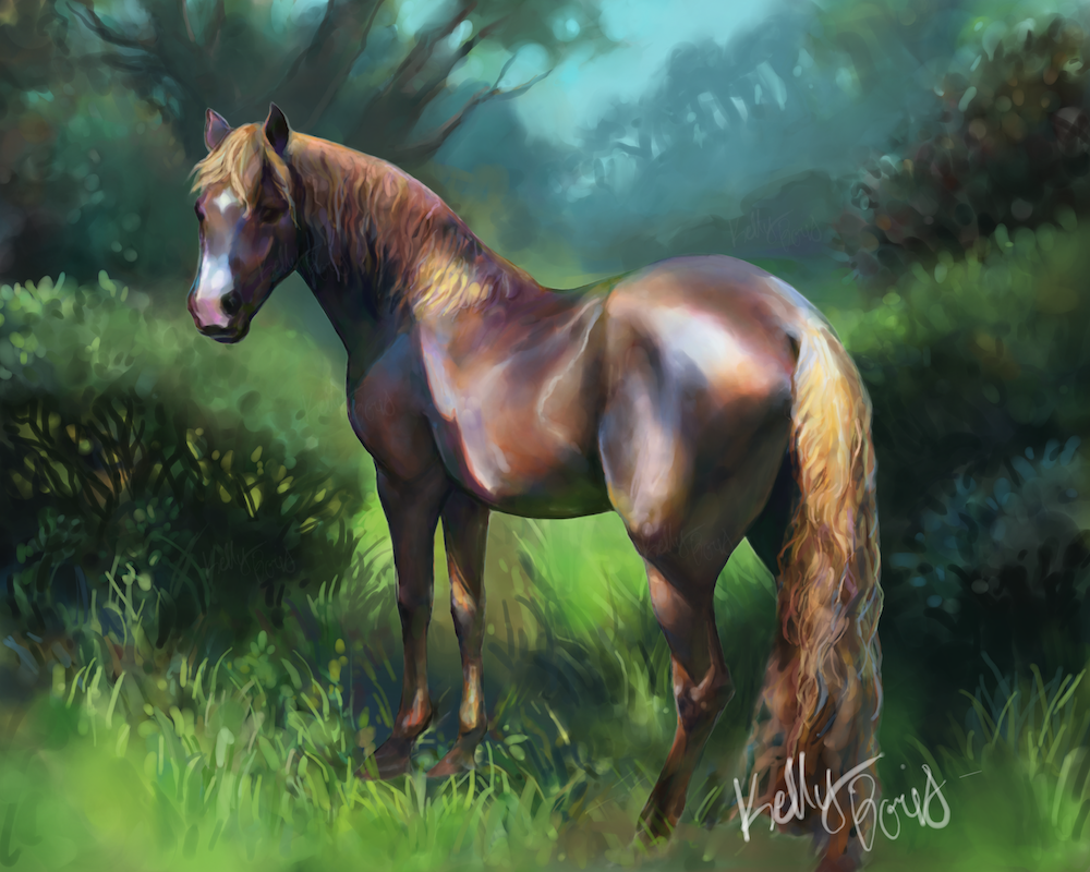 digital painting of a horse in a sunlit forest