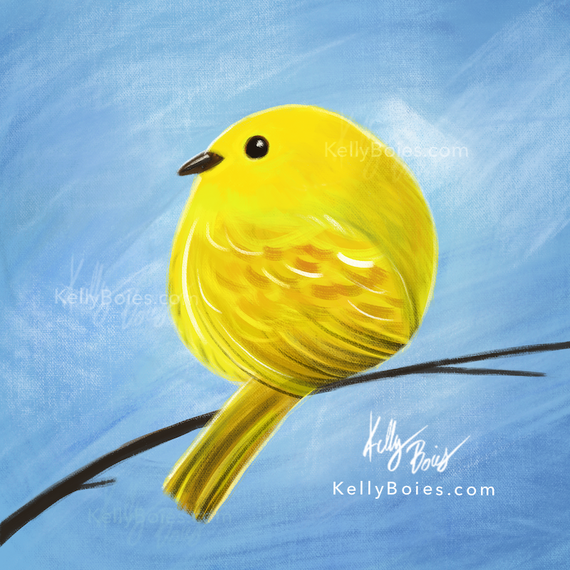 digital painting of a stylized round yellow bird on a branch with a sky blue background