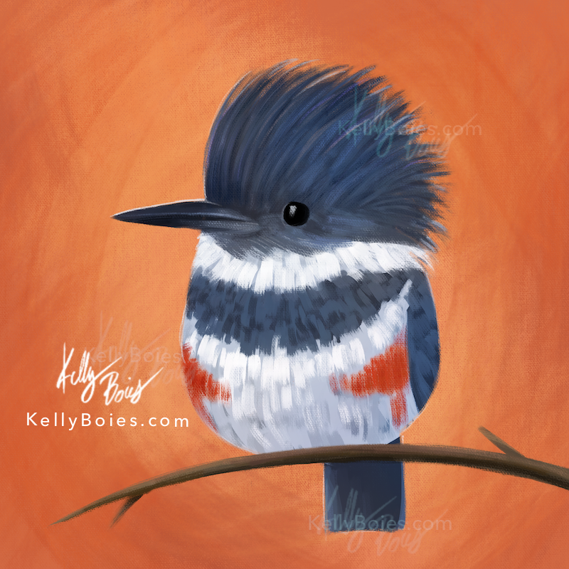 digital painting of a belted kingfisher on a branch with an orange background