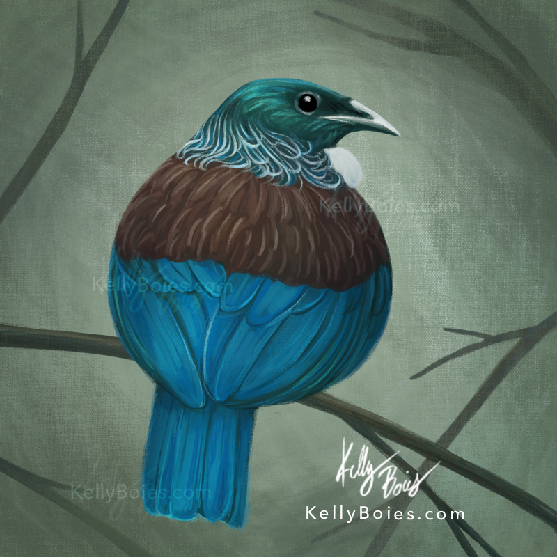 digital painting of a stylized green teal and brown bird on a branch with a moody gray background