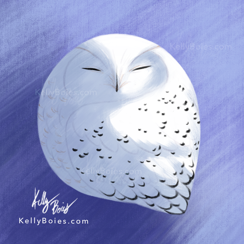 digital painting of a stylized round snowy owl on a periwinkle blue background