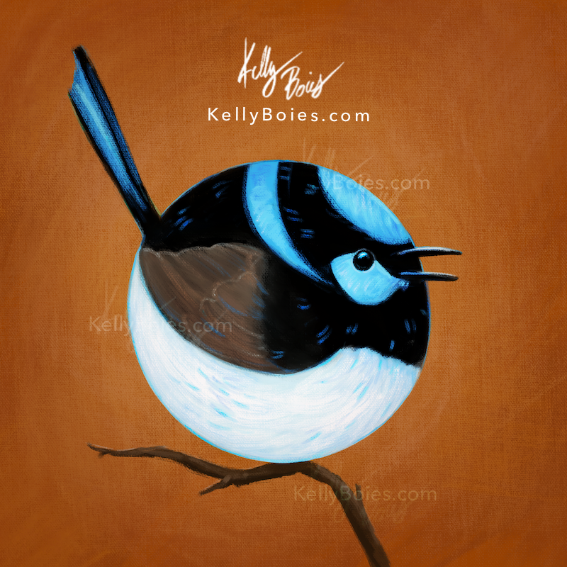 digital painting of a stylized round blue black and white bird on a branch with a terra cotta brown background