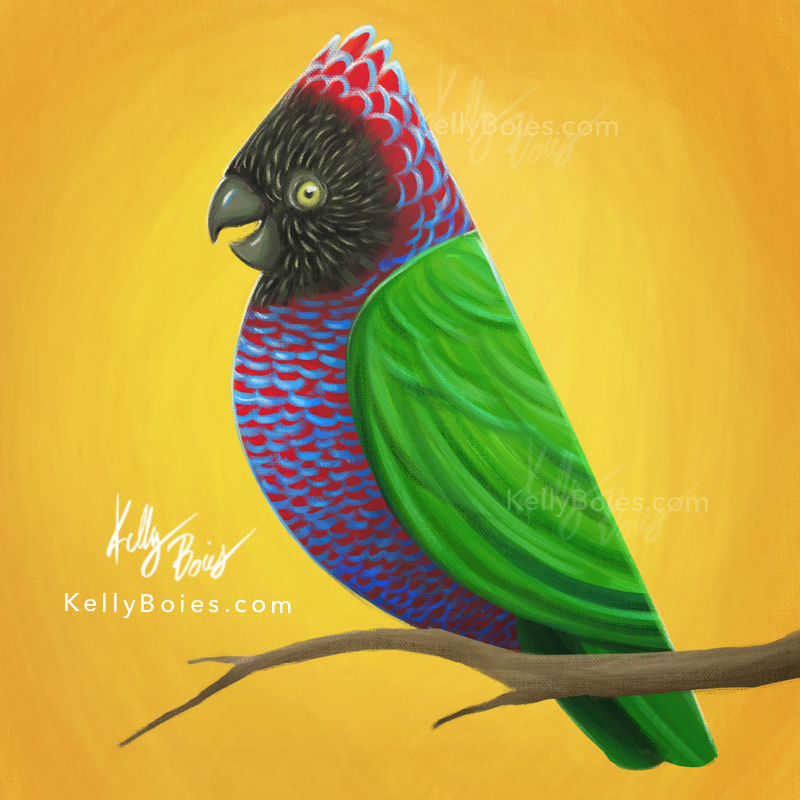 digital painting of a stylized red blue and green parrot on a branch with a vibrant warm yellow background