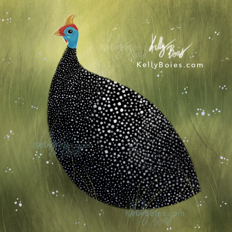 digital painting of a stylized black and white spotted guinea fowl with a soft olive green background dotted with white flowers