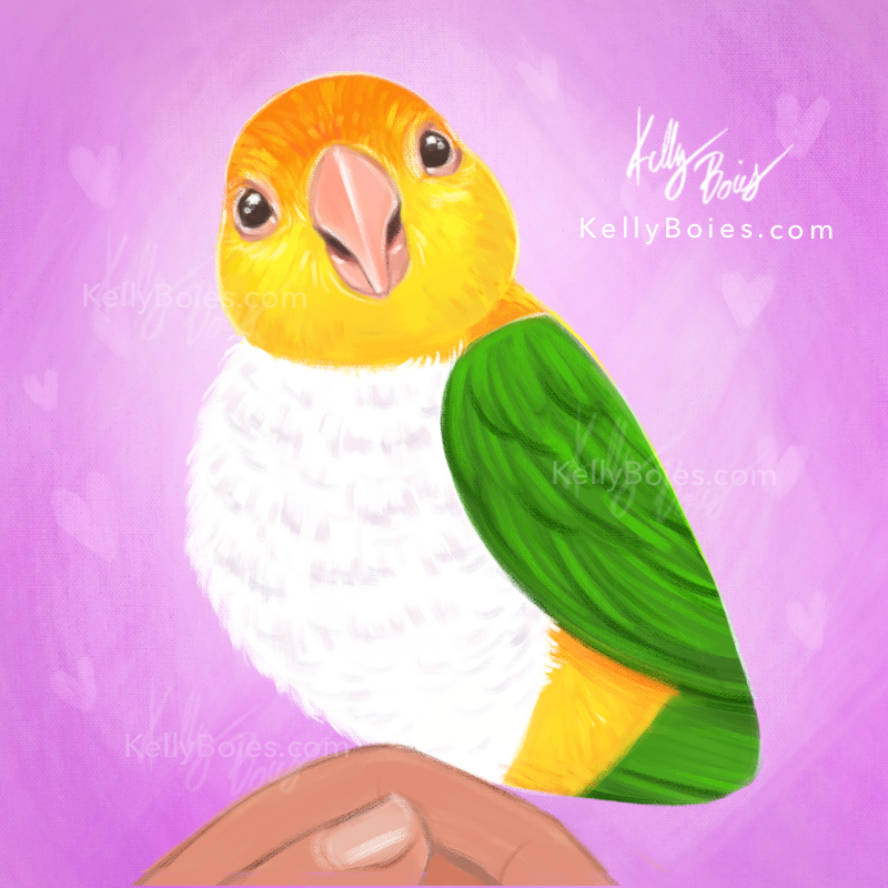 digital painting of a cute yellow green and white bird held perched on a hand with a bright pink background, surrounded by small pink hearts