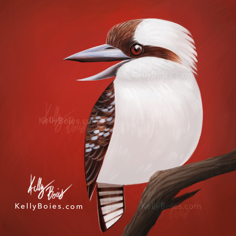 digital painting of a stylized kookaburra bird on a branch with a crimson red background