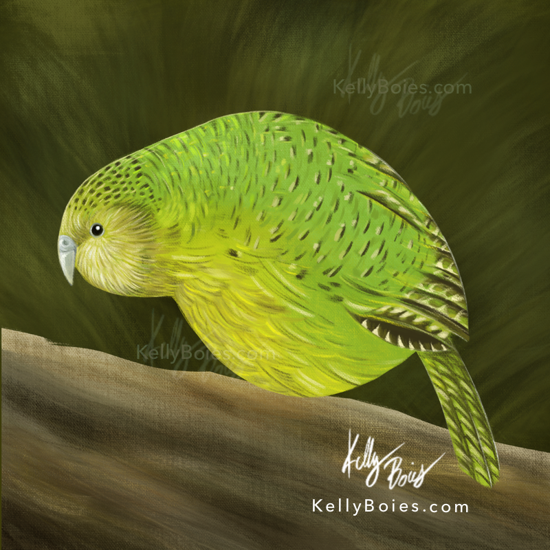 digital painting of a stylized lime green kakapo parrot on a log with a deep olive green background